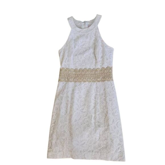 Lilly Pulitzer Women's Sleeveless Floral Lace Mini Dress White Gold Trim Size 00 - Picture 12 of 12